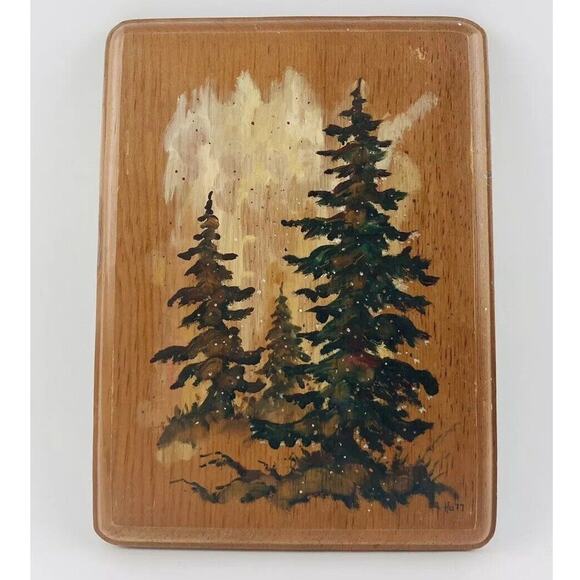 HAND PAINTED Vintage WOOD PLAQUE 1977 German Christmas Spruce Tree New Year Pine - Picture 1 of 12